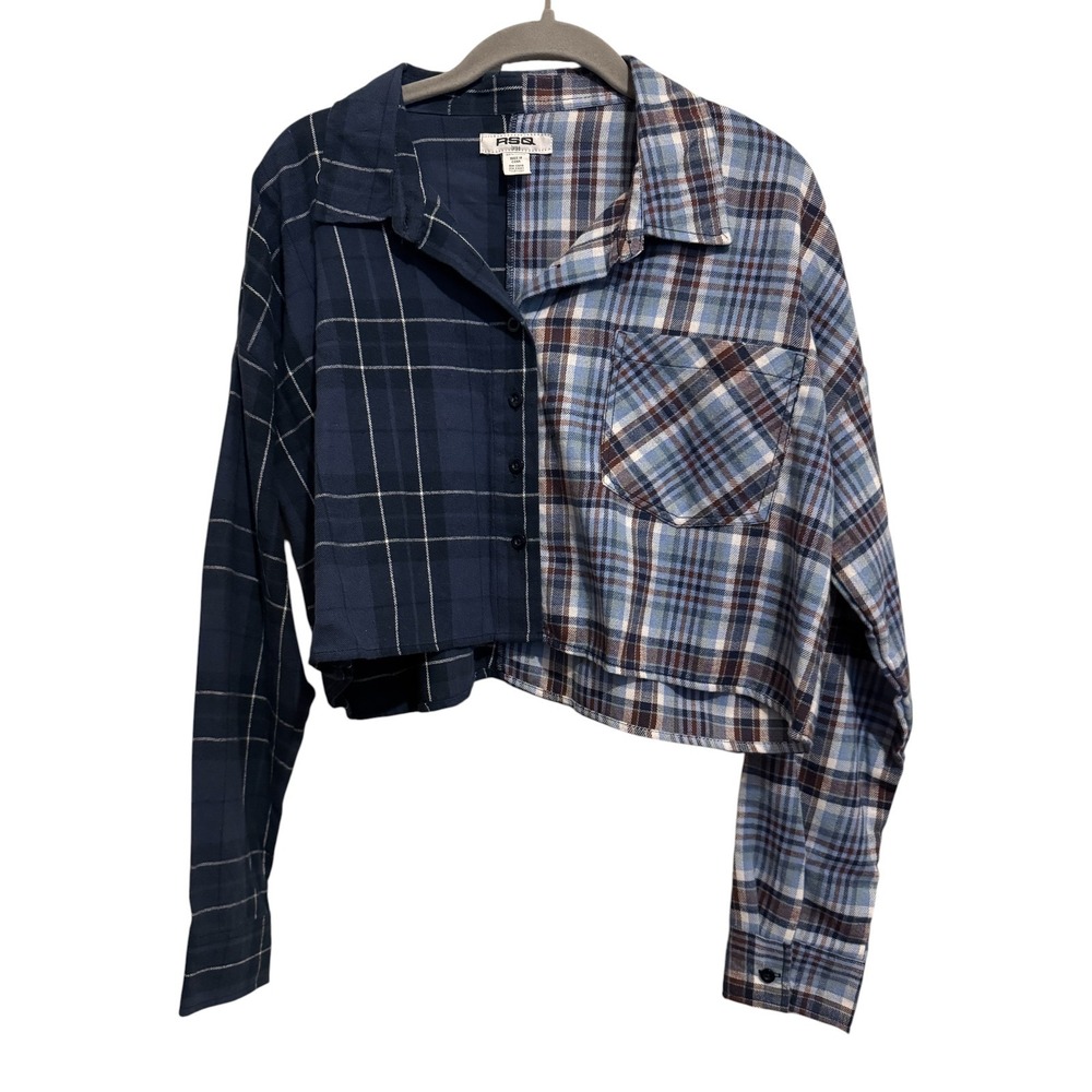 RSQ Plaid Cropped Shirt Womens Large Blue Colorblock Grunge Punk Aesthetic